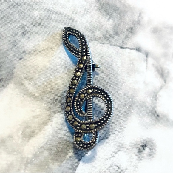 Vintage Jewelry - Sterling Silver 925 Marcasite Gemstone Treble Clef Music Note Brooch Pin Jewelry